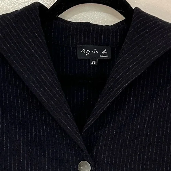 Agnes B Wool Blend Navy Pinstripe Snap Front Sweater, Tie Waist, US Size 4 - Picture 4 of 11